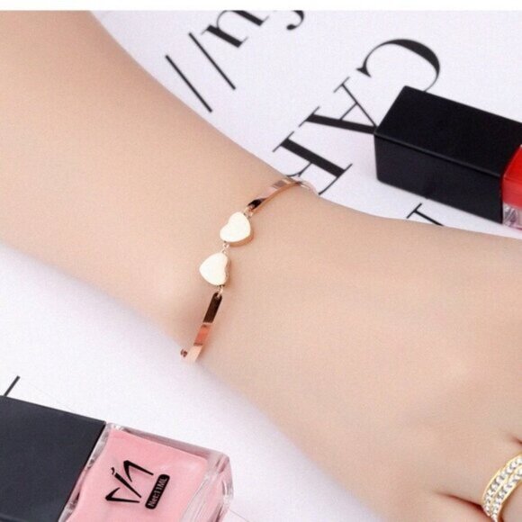 14K Rose Gold Plated Double Love Heart Charm Bracelet for Women - Picture 4 of 4